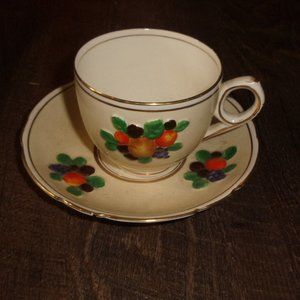 Booths china teacup saucer set Della Robbia Harvest embossed fruit cup